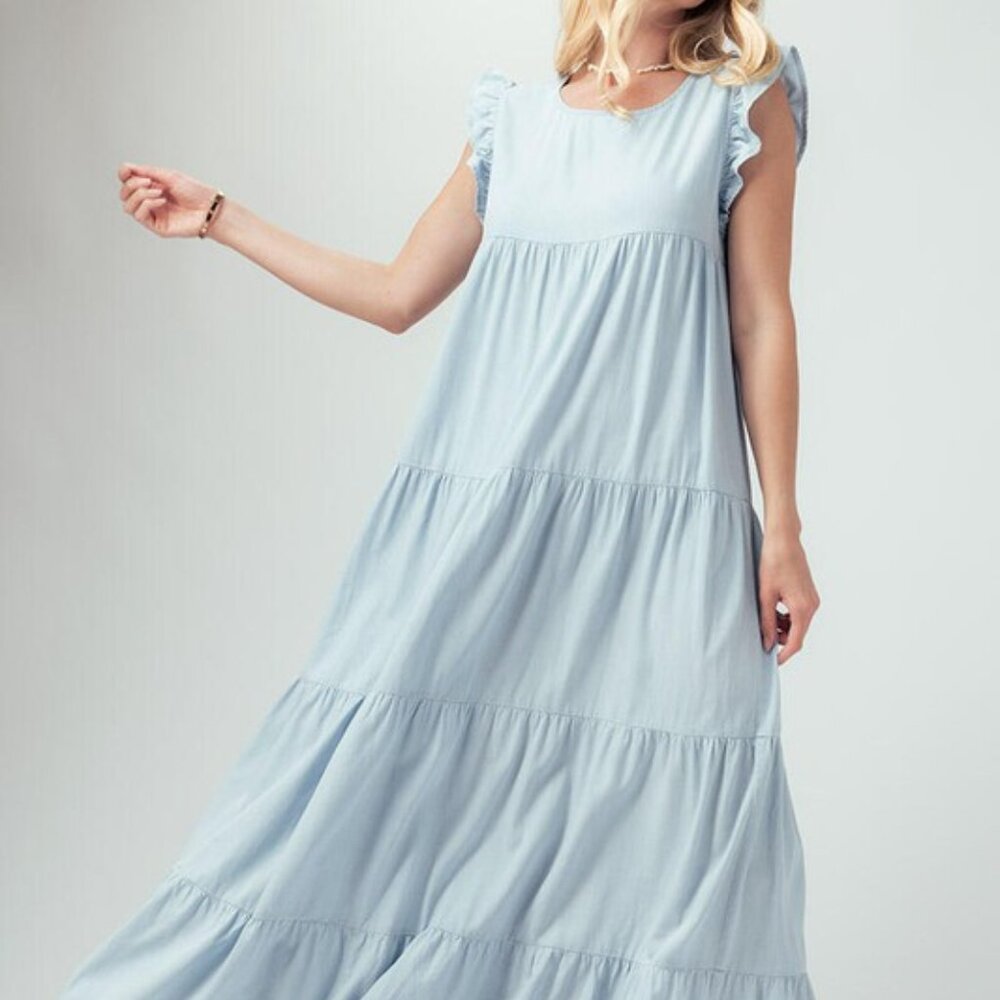 Casual Sleeveless Denim Maxi Dress - Babydoll Ruffle Long Dress